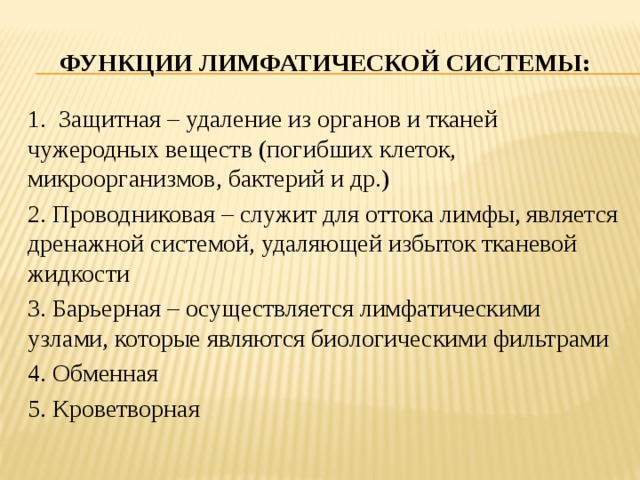 Функции лимфатической системы: 1. Защитная – удаление из органов и тканей чужеродных веществ (погибших клеток, микроорганизмов, бактерий и др.) 2. Проводниковая – служит для оттока лимфы, является дренажной системой, удаляющей избыток тканевой жидкости 3. Барьерная – осуществляется лимфатическими узлами, которые являются биологическими фильтрами 4. Обменная 5. Кроветворная 