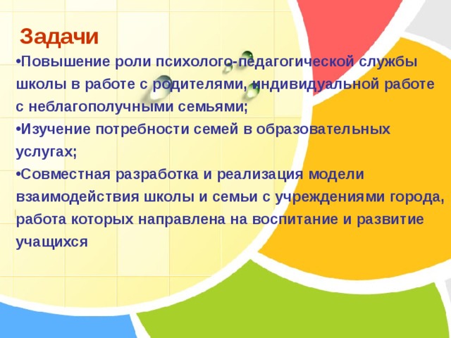 Задачи Повышение роли психолого-педагогической службы школы в работе с родителями, индивидуальной работе с неблагополучными семьями; Изучение потребности семей в образовательных услугах; Совместная разработка и реализация модели взаимодействия школы и семьи с учреждениями города, работа которых направлена на воспитание и развитие учащихся 