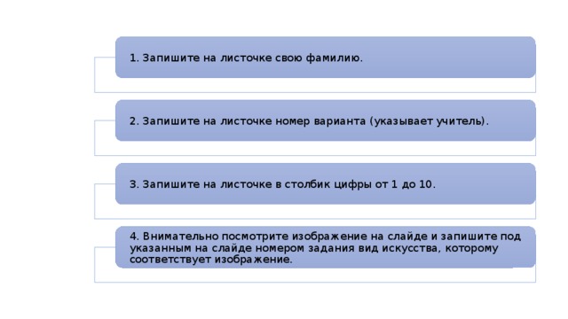 1. Запишите на листочке свою фамилию. 2. Запишите на листочке номер варианта (указывает учитель). 3. Запишите на листочке в столбик цифры от 1 до 10. 4. Внимательно посмотрите изображение на слайде и запишите под указанным на слайде номером задания вид искусства, которому соответствует изображение. 