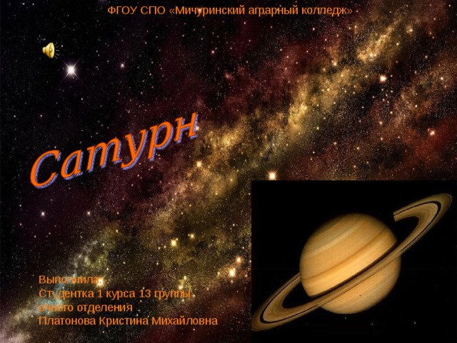 ФГОУ СПО «Мичуринский аграрный колледж» Выполнила: Студентка 1 курса 13 группы очного отделения Платонова Кристина Михайловна 