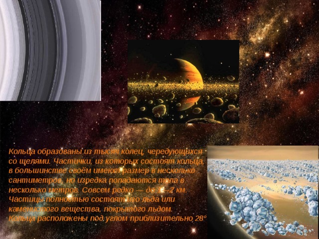 Кольца образованы из тысяч колец, чередующихся со щелями. Частички, из которых состоят кольца, в большинстве своём имеют размер в несколько сантиметров, но изредка попадаются тела в несколько метров. Совсем редко — до 1—2 км. Частицы полностью состоят изо льда или каменистого вещества, покрытого льдом. Кольца расположены под углом приблизительно 28°  