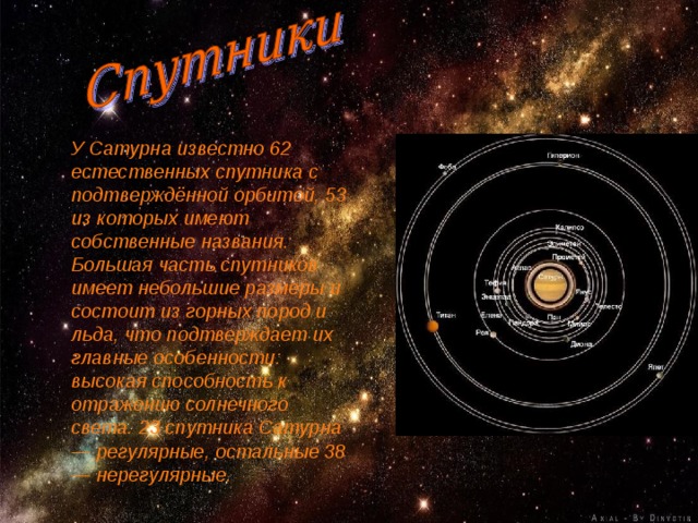 У Сатурна известно 62 естественных спутника с подтверждённой орбитой, 53 из которых имеют собственные названия. Большая часть спутников имеет небольшие размеры и состоит из горных пород и льда, что подтверждает их главные особенности: высокая способность к отражению солнечного света. 23 спутника Сатурна — регулярные, остальные 38 — нерегулярные. 