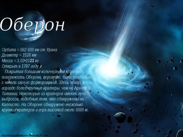Орбита = 582 600 км от Урана Диаметр = 1526 км Масса = 3,03•10 21 кг Открыт в 1787 году  Покрытая большим количеством кратеров, поверхность Оберона, вероятно, была стабильна с начала своего формирования. Здесь обнаружены гораздо более крупные кратеры, чем на Ариеле и Титании. Некоторые из кратеров имеют лучи выбросов, подобные тем, что обнаружены на Каллисто. На Обероне обнаружено несколько крупных кратеров и гора высотой около 6000 м. 