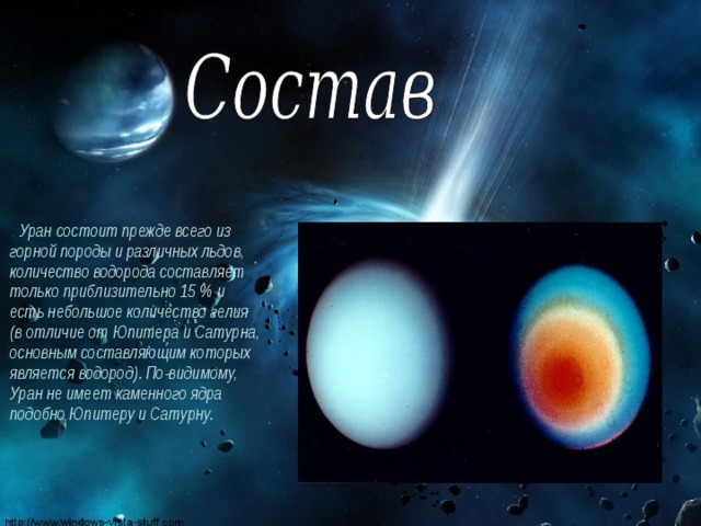  Уран состоит прежде всего из горной породы и различных льдов, количество водорода составляет только приблизительно 15 % и есть небольшое количество гелия (в отличие от Юпитера и Сатурна, основным составляющим которых является водород). По-видимому, Уран не имеет каменного ядра подобно Юпитеру и Сатурну. 