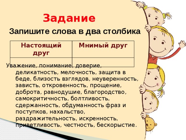 Задание Запишите слова в два столбика Настоящий друг Мнимый друг Уважение, понимание, доверие, деликатность, мелочность, защита в беде, близость взглядов, неуверенность, зависть, откровенность, прощение, доброта, равнодушие, благородство, самокритичность, болтливость, сдержанность, обдуманность фраз и поступков, нахальство, раздражительность, искренность, приветливость, честность, бескорыстие.  