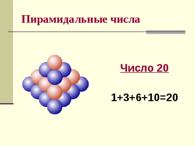 Пирамидальные числа Число 20  1+3+6+10=20 