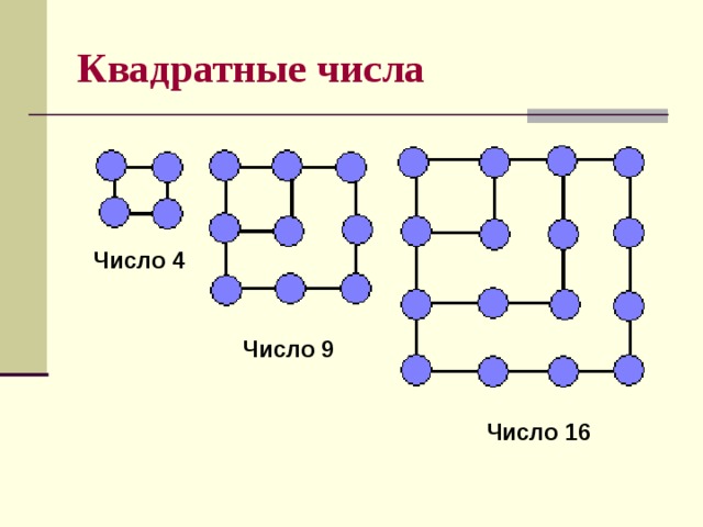 Квадратные числа Число 4 Число 9 Число 16 