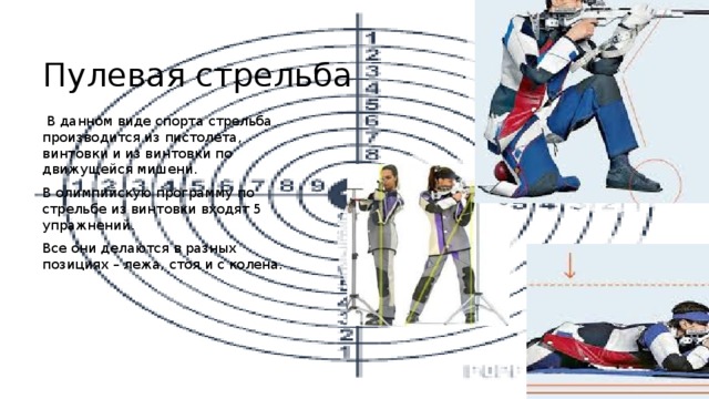 Пулевая стрельба   В данном виде спорта стрельба производится из пистолета, винтовки и из винтовки по движущейся мишени. В олимпийскую программу по стрельбе из винтовки входят 5 упражнений. Все они делаются в разных позициях – лежа, стоя и с колена. 