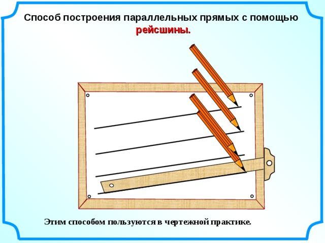 Способ построения параллельных прямых с помощью   рейсшины .  Геометрия, 7 класс. Динамическая иллюстрация работы с рейсшиной. Этим способом пользуются в чертежной практике. 4 