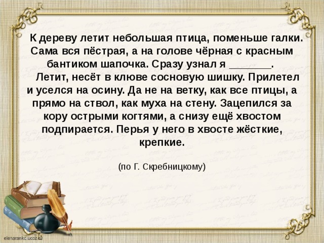  К дереву летит небольшая птица, поменьше галки. Сама вся пёстрая, а на голове чёрная с красным бантиком шапочка. Сразу узнал я _______.  Летит, несёт в клюве сосновую шишку. Прилетел и уселся на осину. Да не на ветку, как все птицы, а прямо на ствол, как муха на стену. Зацепился за кору острыми когтями, а снизу ещё хвостом подпирается. Перья у него в хвосте жёсткие, крепкие.   (по Г. Скребницкому) 
