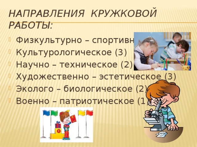 Направления кружковой работы: Физкультурно – спортивное (3) Культурологическое (3) Научно – техническое (2) Художественно – эстетическое (3) Эколого – биологическое (2) Военно – патриотическое (1) 
