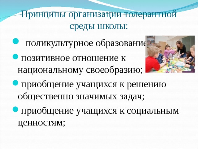 Принципы организации толерантной среды школы:  поликультурное образование; позитивное отношение к национальному своеобразию; приобщение учащихся к решению общественно значимых задач; приобщение учащихся к социальным ценностям;   