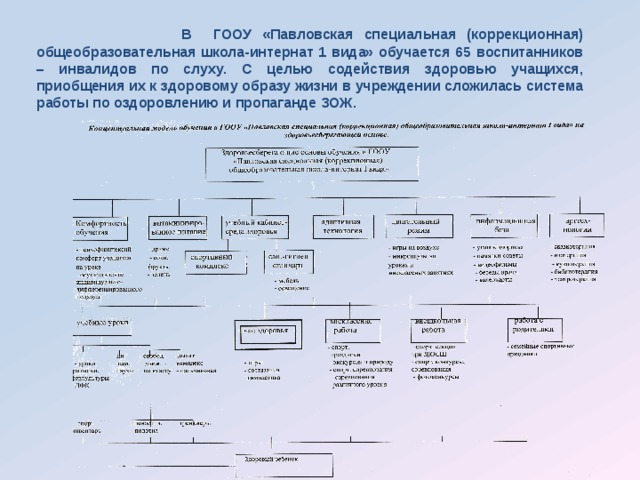  В ГООУ «Павловская специальная (коррекционная) общеобразовательная школа-интернат 1 вида» обучается 65 воспитанников – инвалидов по слуху. С целью содействия здоровью учащихся, приобщения их к здоровому образу жизни в учреждении сложилась система работы по оздоровлению и пропаганде ЗОЖ. 
