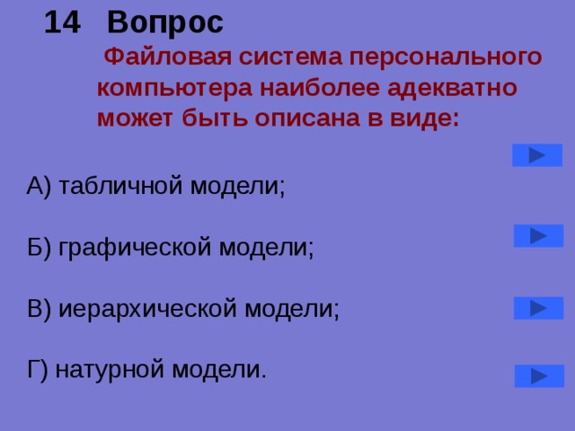 14 Вопрос   Файловая система персонального компьютера наиболее адекватно может быть описана в виде: А) табличной модели; Б) графической модели; В) иерархической модели; Г) натурной модели. 