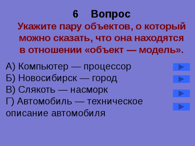 6 Вопрос  Укажите пару объектов, о который можно сказать, что она находятся в отношении «объект — модель». А) Компьютер — процессор  Б) Новосибирск — город  В) Слякоть — насморк  Г) Автомобиль — техническое описание автомобиля   