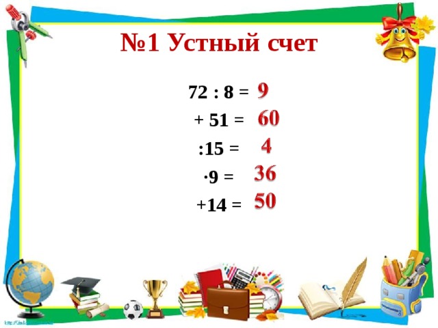 № 1 Устный счет 72 : 8 = + 51 = :15 = ∙ 9 = +14 = 