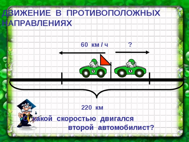 ДВИЖЕНИЕ  В  ПРОТИВОПОЛОЖНЫХ  НАПРАВЛЕНИЯХ 60 км / ч  ?  220 км С какой скоростью двигался второй автомобилист? 
