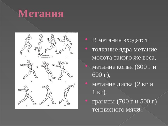 Метания   В метания входят: т толкание ядра метание молота такого же веса, метание копья (800 г и 600 г), метание диска (2 кг и 1 кг), гранаты (700 г и 500 г) теннисного мяч а. 