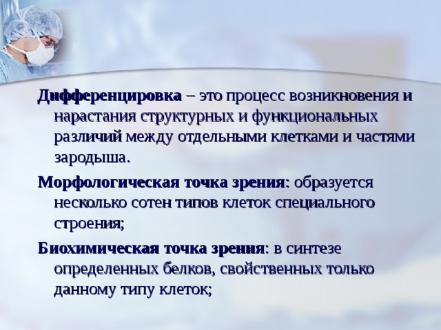    Дифференцировка – это процесс возникновения и нарастания структурных и функциональных различий между отдельными клетками и частями зародыша. Морфологическая точка зрения : образуется несколько сотен типов клеток специального строения; Биохимическая точка зрения : в синтезе определенных белков, свойственных только данному типу клеток; 