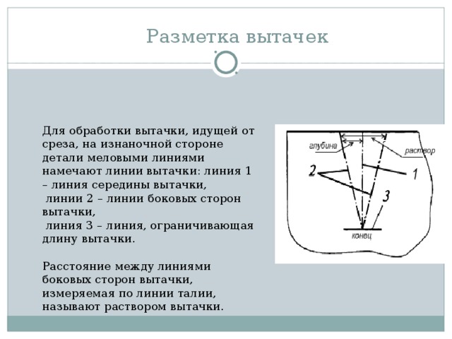              Разметка вытачек                Разметка вытачек   Для обработки вытачки, идущей от среза, на изнаночной стороне детали меловыми линиями намечают линии вытачки: линия 1 – линия середины вытачки,  линии 2 – линии боковых сторон вытачки,  линия 3 – линия, ограничивающая длину вытачки. Расстояние между линиями боковых сторон вытачки, измеряемая по линии талии, называют раствором вытачки. 