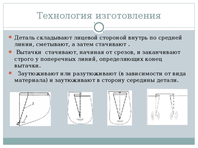 Технология изготовления Деталь складывают лицевой стороной внутрь по средней линии, сметывают, а затем стачивают .  Вытачки стачивают, начиная от срезов, и заканчивают строго у поперечных линий, определяющих конец вытачки.  Заутюживают или разутюживают (в зависимости от вида материала) и заутюживают в сторону середины детали.  