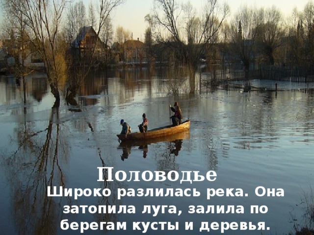 Половодье Широко разлилась река. Она затопила луга, залила по берегам кусты и деревья. 