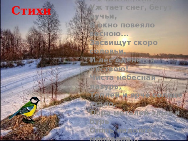 Стихи «Уж тает снег, бегут ручьи...»  Уж тает снег, бегут ручьи,  В окно повеяло весною...  Засвищут скоро соловьи,  И лес оденется листвою!  Чиста небесная лазурь,  Теплей и ярче солнце стало,  Пора метелей злых и бурь  Опять надолго миновала...  А.Н.Плещеев 