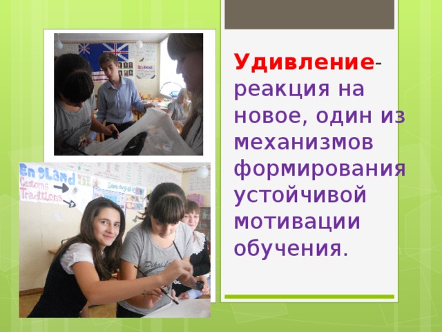 Удивление - реакция на новое, один из механизмов формирования устойчивой мотивации обучения. 