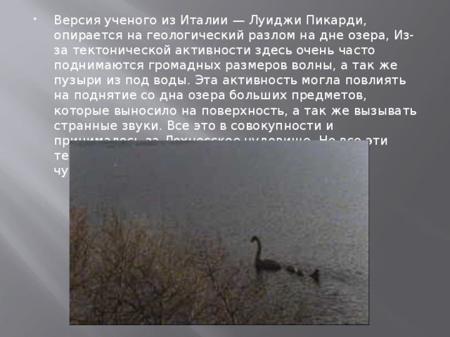 Версия ученого из Италии — Луиджи Пикарди, опирается на геологический разлом на дне озера, Из-за тектонической активности здесь очень часто поднимаются громадных размеров волны, а так же пузыри из под воды. Эта активность могла повлиять на поднятие со дна озера больших предметов, которые выносило на поверхность, а так же вызывать странные звуки. Все это в совокупности и принималось за Лохнесское чудовище. Но все эти теории не подтверждены, поэтому Лохнесское чудовище остается загадкой. 