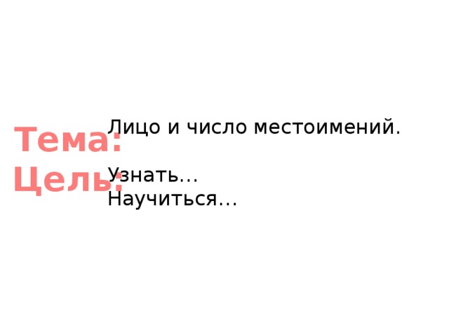 Лицо и число местоимений. Узнать… Научиться… Тема: Цель: 