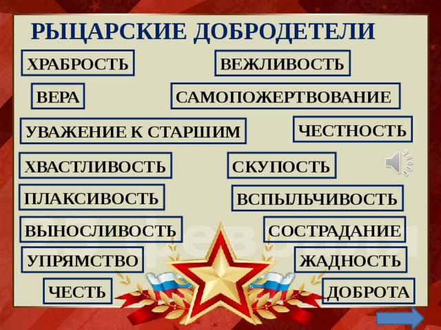 РЫЦАРСКИЕ ДОБРОДЕТЕЛИ ХРАБРОСТЬ ВЕЖЛИВОСТЬ САМОПОЖЕРТВОВАНИЕ ВЕРА ЧЕСТНОСТЬ УВАЖЕНИЕ К СТАРШИМ СКУПОСТЬ ХВАСТЛИВОСТЬ ПЛАКСИВОСТЬ ВСПЫЛЬЧИВОСТЬ ВЫНОСЛИВОСТЬ СОСТРАДАНИЕ УПРЯМСТВО ЖАДНОСТЬ ЧЕСТЬ ДОБРОТА 