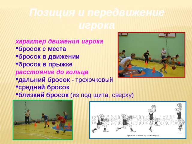 Позиция и передвижение игрока   характер движения игрока  бросок с места бросок в движении бросок в прыжке расстояние до кольца дальний бросок - трехочковый средний бросок близкий бросок (из под щита, сверху) 