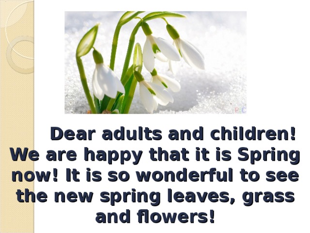  Dear adults and children!  We are happy that it is Spring now! It is so wonderful to see the new spring leaves, grass and flowers! 