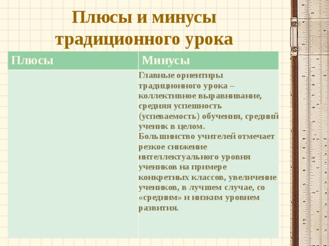  Плюсы и минусы традиционного урока   Плюсы Минусы Главные ориентиры традиционного урока – коллективное выравнивание, средняя успешность (успеваемость) обучения, средний ученик в целом.   Большинство учителей отмечает резкое снижение интеллектуального уровня учеников на примере конкретных классов, увеличение учеников, в лучшем случае, со «средним» и низким уровнем развития.   