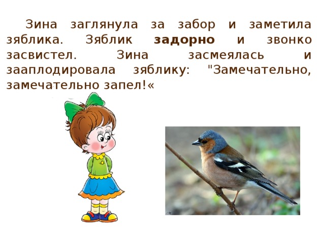 Зина заглянула за забор и заметила зяблика. Зяблик задорно и звонко засвистел. Зина засмеялась и зааплодировала зяблику: 