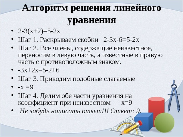 Алгоритм решения линейного уравнения 2-3(x+2)=5-2x Шаг 1. Раскрываем скобки 2-3x-6=5-2x Шаг 2. Все члены, содержащие неизвестное, переносим в левую часть, а известные в правую часть с противоположным знаком. -3x+2x=5-2+6 Шаг 3. Приводим подобные слагаемые -x =9 Шаг 4. Делим обе части уравнения на коэффициент при неизвестном х=9   Не забудь написать ответ!!! Ответ: 9. 