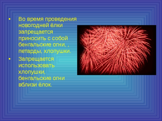 Во время проведения новогодней ёлки запрещается приносить с собой бенгальские огни, , петарды, хлопушки. Запрещается использовать хлопушки, бенгальские огни вблизи ёлок. 