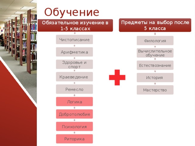 Обучение Предметы на выбор после 5 класса Обязательное изучение в 1-5 классах Чистописание Филология Арифметика Вычислительное обучение Здоровье и спорт Естествознание Краеведение История Ремесло Мастерство Логика Добротолюбие Психология Риторика 12 