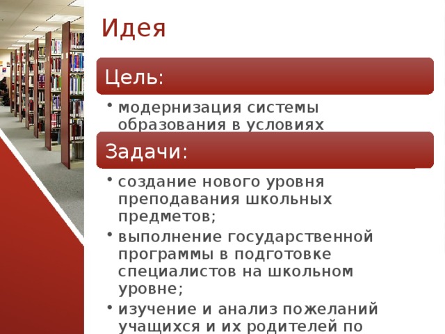 Идея Цель: модернизация системы образования в условиях современного мира. модернизация системы образования в условиях современного мира. Задачи: создание нового уровня преподавания школьных предметов; выполнение государственной программы в подготовке специалистов на школьном уровне; изучение и анализ пожеланий учащихся и их родителей по вопросам школьного образования и школьной жизни. создание нового уровня преподавания школьных предметов; выполнение государственной программы в подготовке специалистов на школьном уровне; изучение и анализ пожеланий учащихся и их родителей по вопросам школьного образования и школьной жизни. 4 