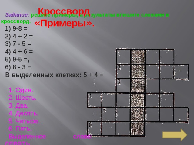 Кроссворд « Примеры » . Задание:  решите примеры, а результаты впишите словами в кроссворд. 1) 9-8 = 2) 4 + 2 = 3) 7 - 5 = 4) 4 + 6 = 5) 9-5 =, 6) 8 - 3 = В выделенных клетках: 5 + 4 = 1. Один. 2. Шесть. 3. Два. 4. Десять. 5. Четыре. 6. Пять. Выделенное слово: ДЕВЯТЬ. 