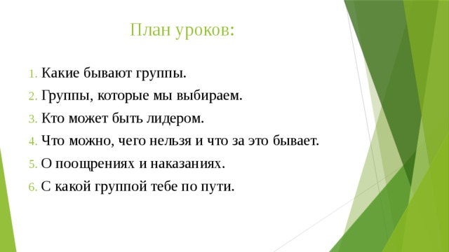 План уроков: Какие бывают группы. Группы, которые мы выбираем. Кто может быть лидером. Что можно, чего нельзя и что за это бывает. О поощрениях и наказаниях. С какой группой тебе по пути. 