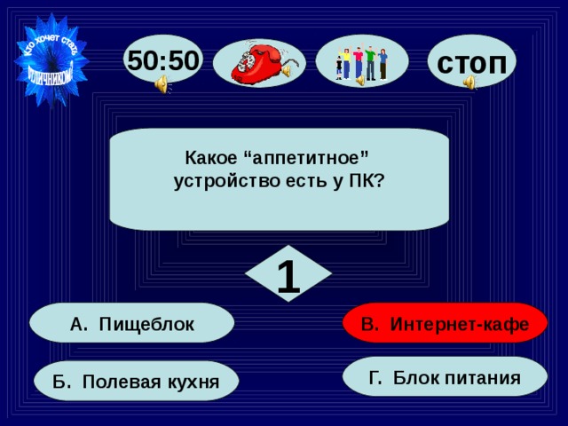 50:50 стоп Какое “аппетитное” устройство есть у ПК?  1 В. Интернет-кафе А. Пищеблок Г. Блок питания Б. Полевая кухня 