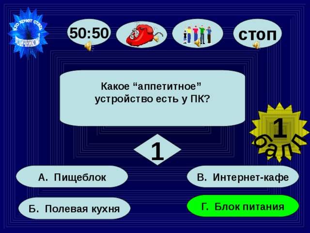 стоп 50:50 Какое “аппетитное” устройство есть у ПК?  1  1 В. Интернет-кафе А. Пищеблок Г. Блок питания Б. Полевая кухня 