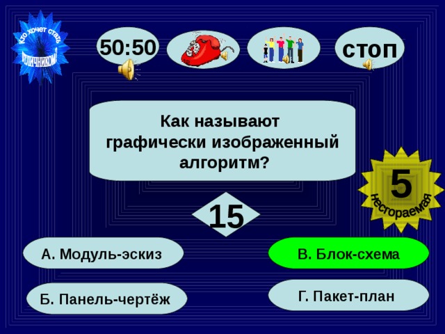 50:50 стоп Как называют графически изображенный  алгоритм? 5  15  В. Блок-схема  А. Модуль-эскиз Г. Пакет-план Б. Панель-чертёж 