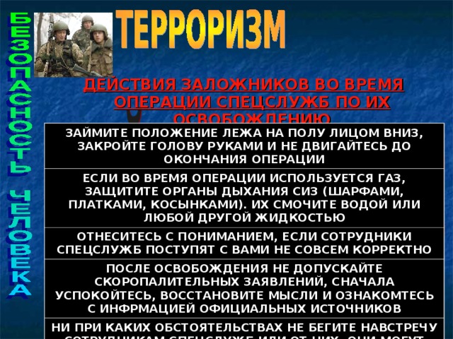 ДЕЙСТВИЯ ЗАЛОЖНИКОВ ВО ВРЕМЯ ОПЕРАЦИИ СПЕЦСЛУЖБ ПО ИХ ОСВОБОЖДЕНИЮ   ЗАЙМИТЕ ПОЛОЖЕНИЕ ЛЕЖА НА ПОЛУ ЛИЦОМ ВНИЗ, ЗАКРОЙТЕ ГОЛОВУ РУКАМИ И НЕ ДВИГАЙТЕСЬ ДО ОКОНЧАНИЯ ОПЕРАЦИИ ЕСЛИ ВО ВРЕМЯ ОПЕРАЦИИ ИСПОЛЬЗУЕТСЯ ГАЗ, ЗАЩИТИТЕ ОРГАНЫ ДЫХАНИЯ СИЗ (ШАРФАМИ, ПЛАТКАМИ, КОСЫНКАМИ). ИХ СМОЧИТЕ ВОДОЙ ИЛИ ЛЮБОЙ ДРУГОЙ ЖИДКОСТЬЮ ОТНЕСИТЕСЬ С ПОНИМАНИЕМ, ЕСЛИ СОТРУДНИКИ СПЕЦСЛУЖБ ПОСТУПЯТ С ВАМИ НЕ СОВСЕМ КОРРЕКТНО ПОСЛЕ ОСВОБОЖДЕНИЯ НЕ ДОПУСКАЙТЕ СКОРОПАЛИТЕЛЬНЫХ ЗАЯВЛЕНИЙ, СНАЧАЛА УСПОКОЙТЕСЬ, ВОССТАНОВИТЕ МЫСЛИ И ОЗНАКОМТЕСЬ С ИНФРМАЦИЕЙ ОФИЦИАЛЬНЫХ ИСТОЧНИКОВ НИ ПРИ КАКИХ ОБСТОЯТЕЛЬСТВАХ НЕ БЕГИТЕ НАВСТРЕЧУ СОТРУДНИКАМ СПЕЦСЛУЖБ ИЛИ ОТ НИХ, ОНИ МОГУТ ПРИНЯТЬ ВАС ЗА ТЕРРОРИСТА  