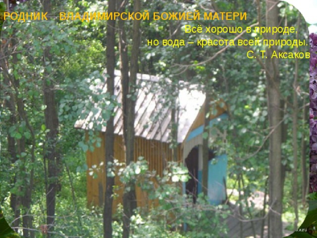РОДНИК ВЛАДИМИРСКОЙ БОЖИЕЙ МАТЕРИ  Всё хорошо в природе,  но вода – красота всей природы.  С. Т. Аксаков 