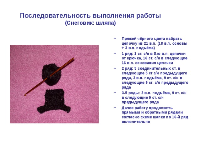 Последовательность выполнения работы  (Снеговик: шляпа) Пряжей чёрного цвета набрать цепочку из 21 в.п. (18 в.п. основы + 3 в.п. подъёма) 1 ряд: 1 ст. с/н в 5-ю в.п. цепочки от крючка, 16 ст. с/н в следующие 16 в.п. основания цепочки 2 ряд: 5 соединительных ст. в следующие 5 ст.с/н предыдущего ряда, 3 в.п. подъёма, 9 ст. с/н в следующие 9 ст. с/н предыдущего ряда 3-5 ряды: 3 в.п. подъёма, 9 ст. с/н в следующие 9 ст. с/н предыдущего ряда Далее работу продолжить прямыми и обратными рядами согласно схеме шапки по 16-й ряд включительно 