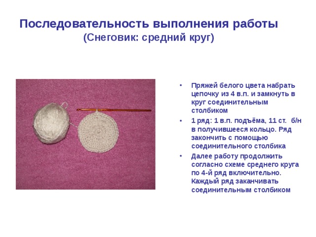 Последовательность выполнения работы  (Снеговик: средний круг) Пряжей белого цвета набрать цепочку из 4 в.п. и замкнуть в круг соединительным столбиком 1 ряд: 1 в.п. подъёма, 11 ст. б/н в получившееся кольцо. Ряд закончить с помощью соединительного столбика Далее работу продолжить согласно схеме среднего круга по 4-й ряд включительно. Каждый ряд заканчивать соединительным столбиком 