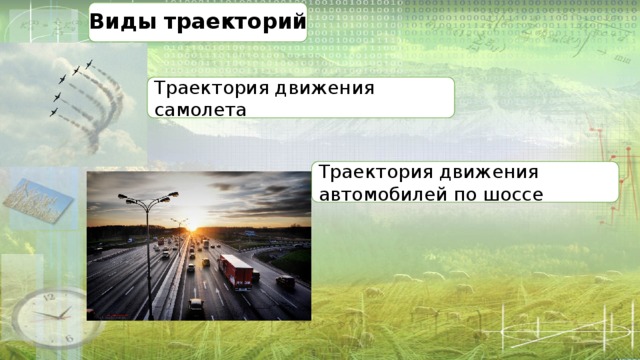 Виды траекторий Траектория движения самолета Траектория движения автомобилей по шоссе 