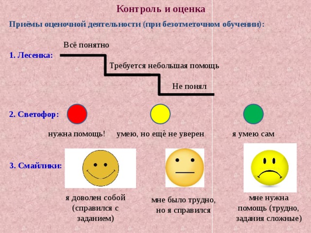 Контроль и оценка Приёмы оценочной деятельности (при безотметочном обучении):   Всё понятно 1. Лесенка:   Требуется небольшая помощь  Не понял  2. Светофор: я умею сам умею, но ещѐ не уверен нужна помощь! 3. Смайлики: я доволен собой (справился с заданием) мне нужна помощь (трудно, задания сложные) мне было трудно, но я справился 